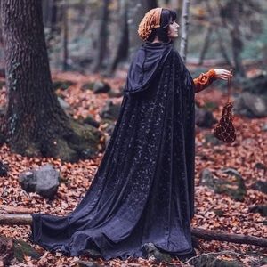 Elven Cape Velvet Black Hooded Cloak Fantasy Medieval